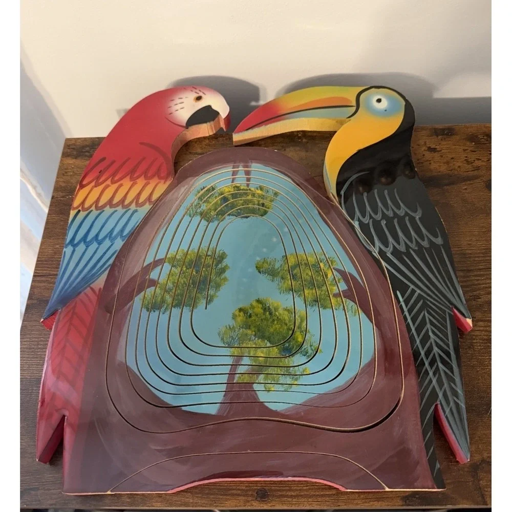 Vintage Tropical Toucan Parrot Collapsible Wooden Fruit Basket Folk Art
